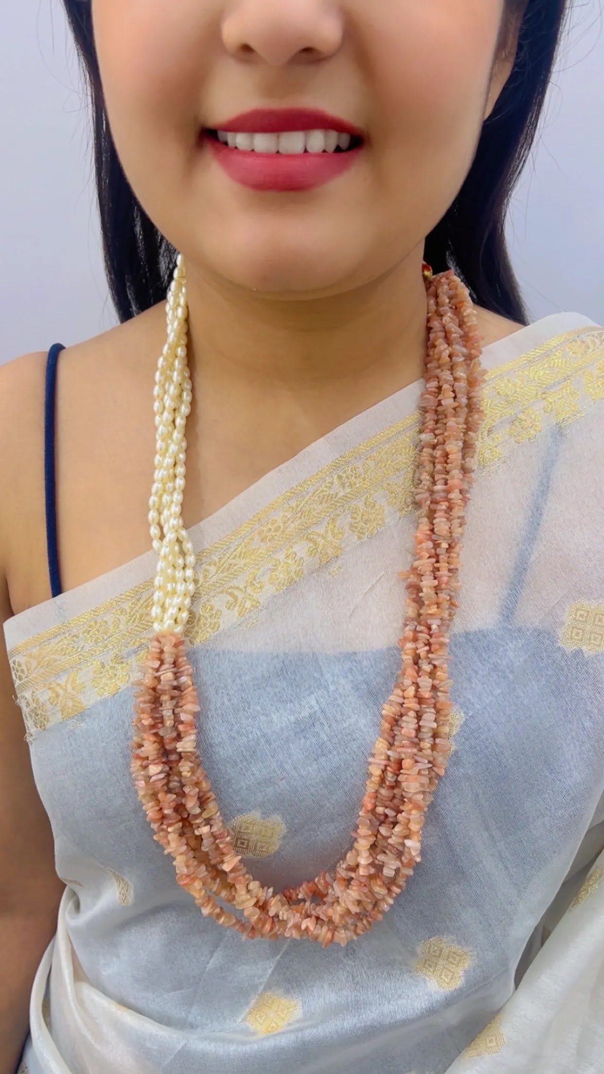 Natural Peach Moonstone & Pearl Gemstone Beads Necklace Jewelry