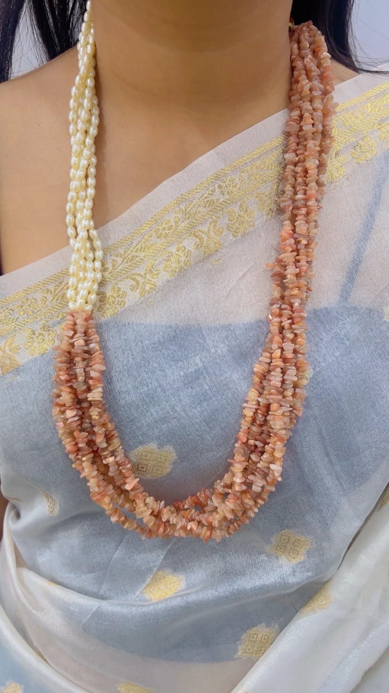 Natural Peach Moonstone & Pearl Gemstone Beads Necklace Jewelry