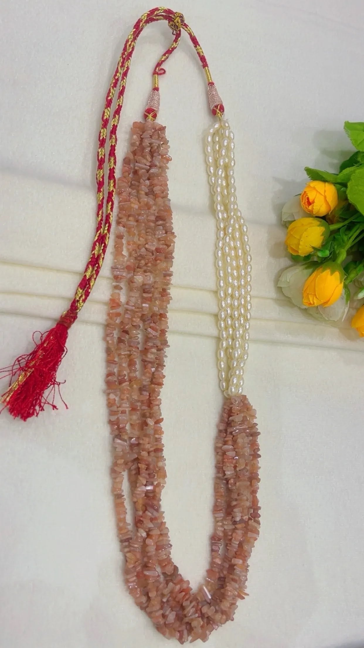 Natural Peach Moonstone & Pearl Gemstone Beads Necklace Jewelry