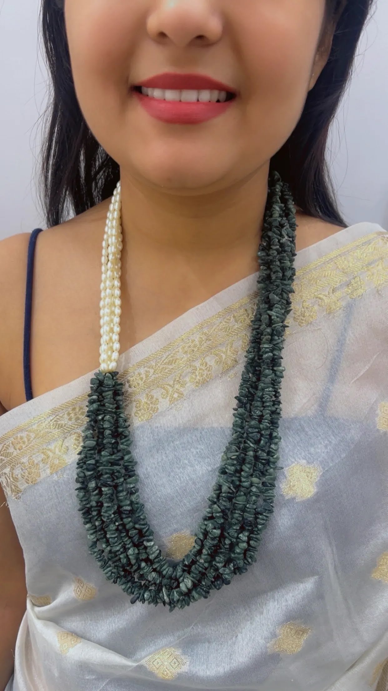 Natural Green Quartz & Pearl Gemstone Beads Necklace Jewelry