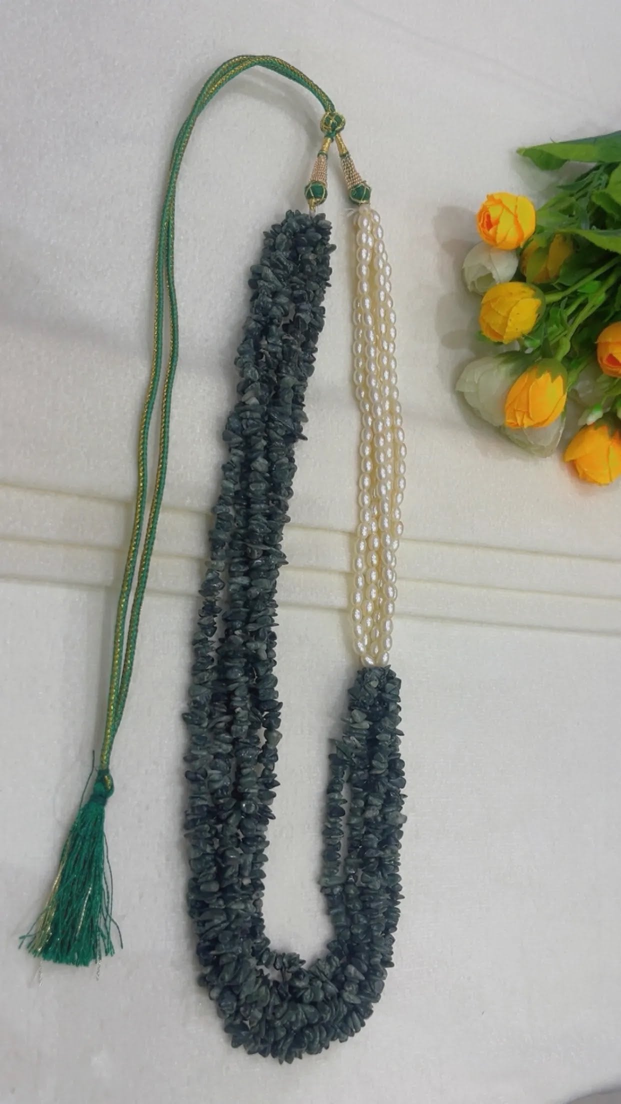 Natural Green Quartz & Pearl Gemstone Beads Necklace Jewelry