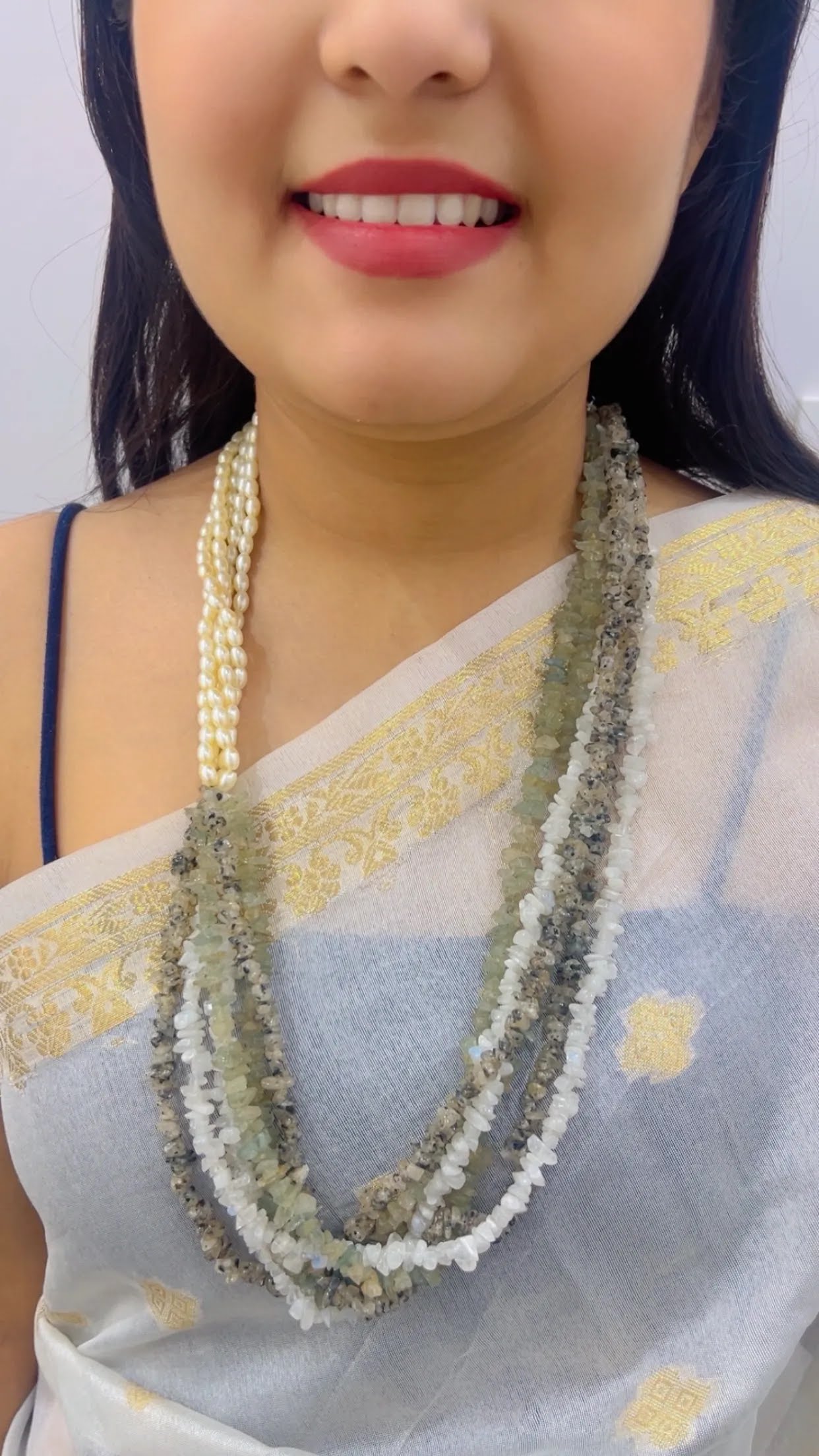 Natural Black Rutile, Aquamarine, Moonstone & Pearl Beads Necklace Jewelry