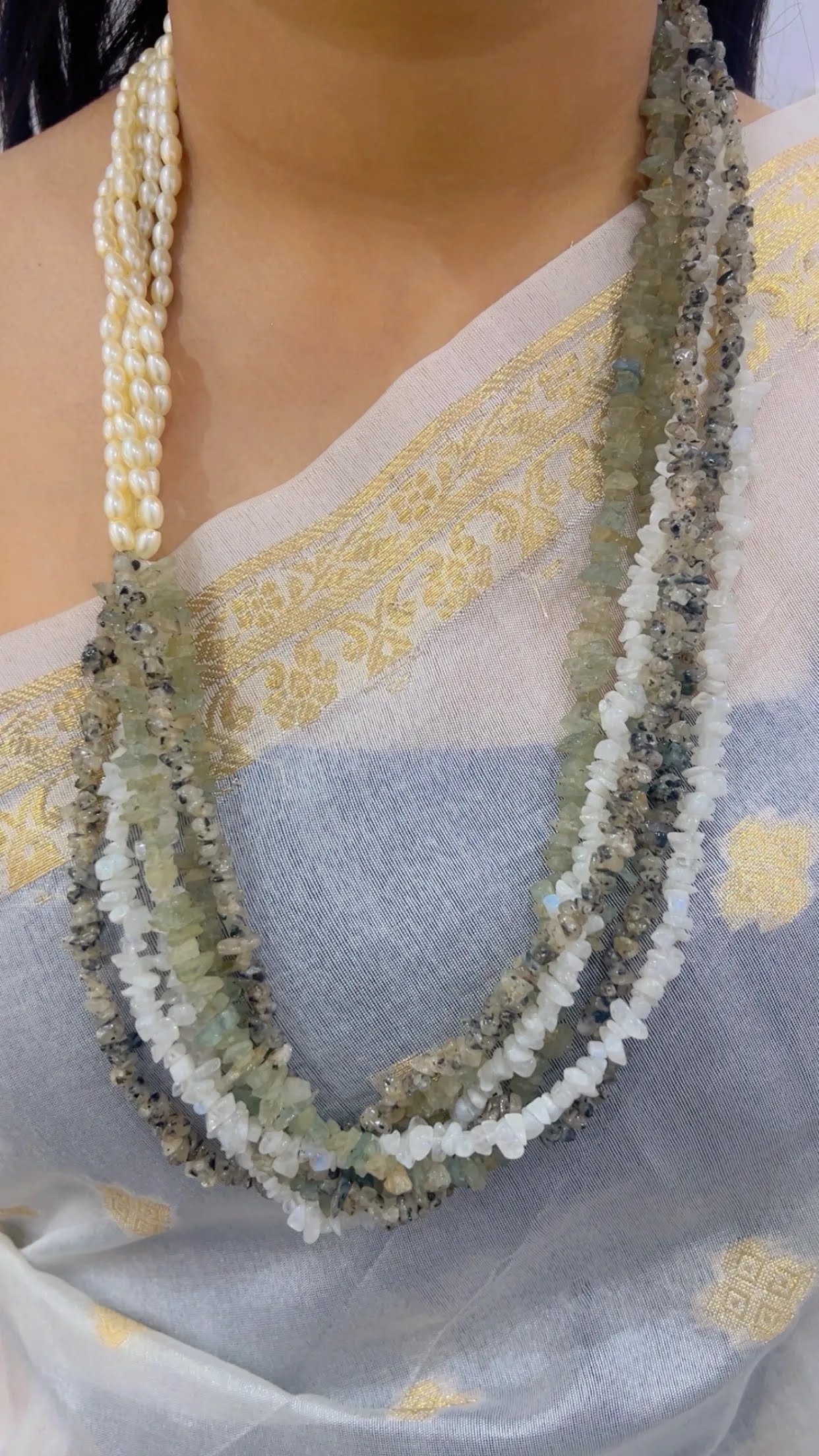Natural Black Rutile, Aquamarine, Moonstone & Pearl Beads Necklace Jewelry