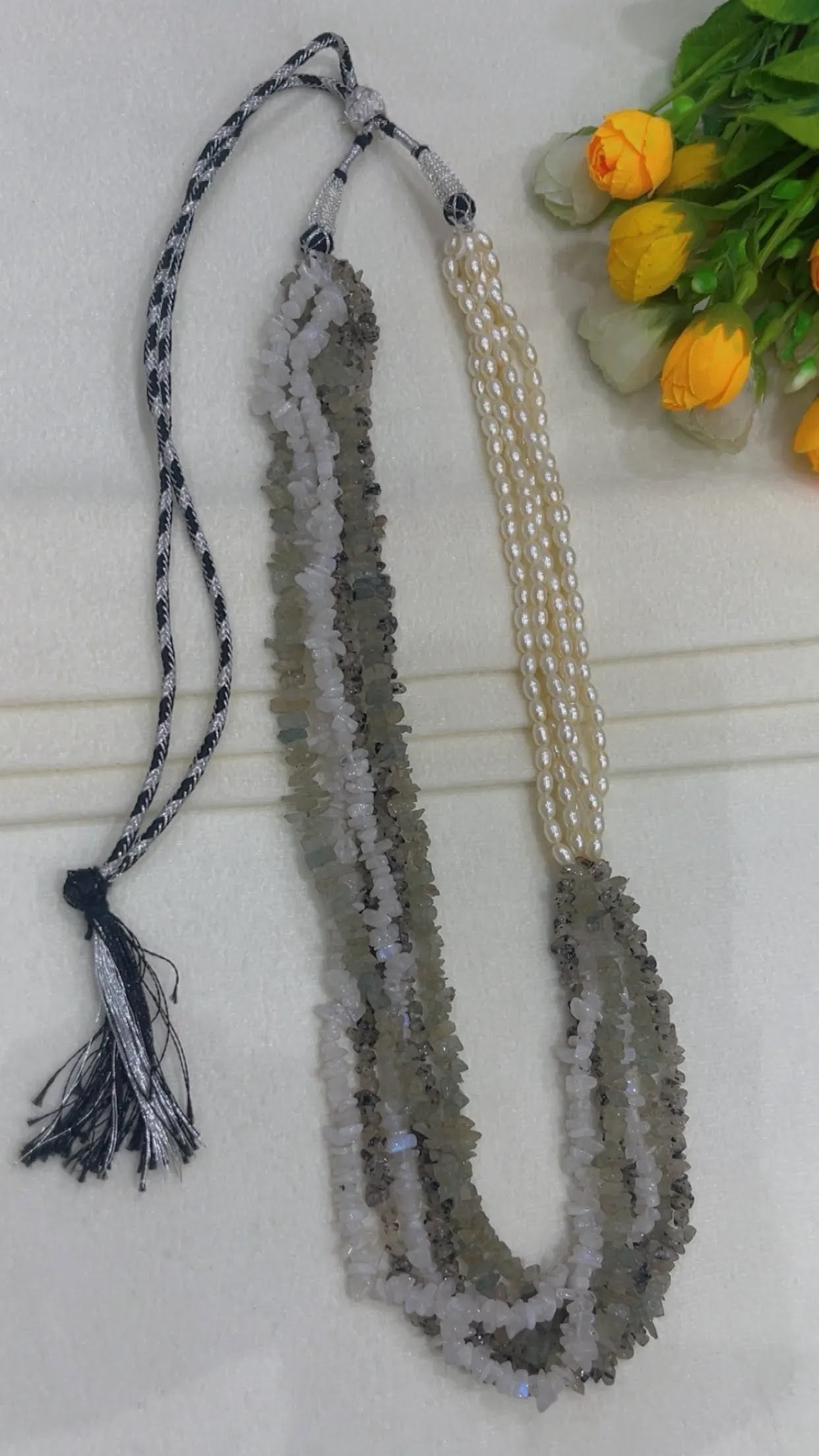 Natural Black Rutile, Aquamarine, Moonstone & Pearl Beads Necklace Jewelry