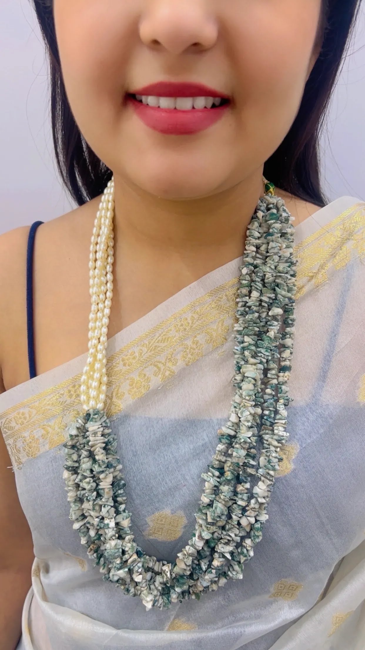 Natural Green Jasper & Pearl Gemstone Beads Necklace Jewelry