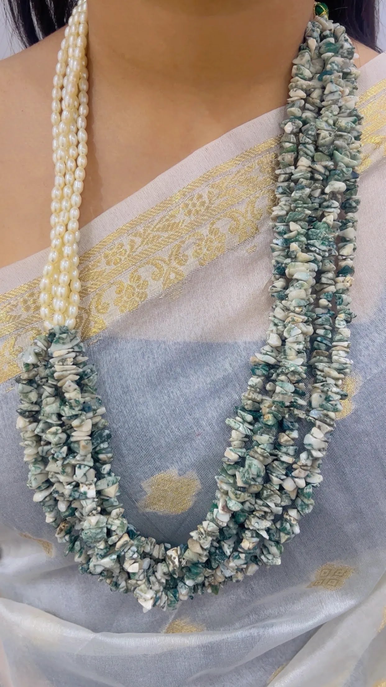 Natural Green Jasper & Pearl Gemstone Beads Necklace Jewelry