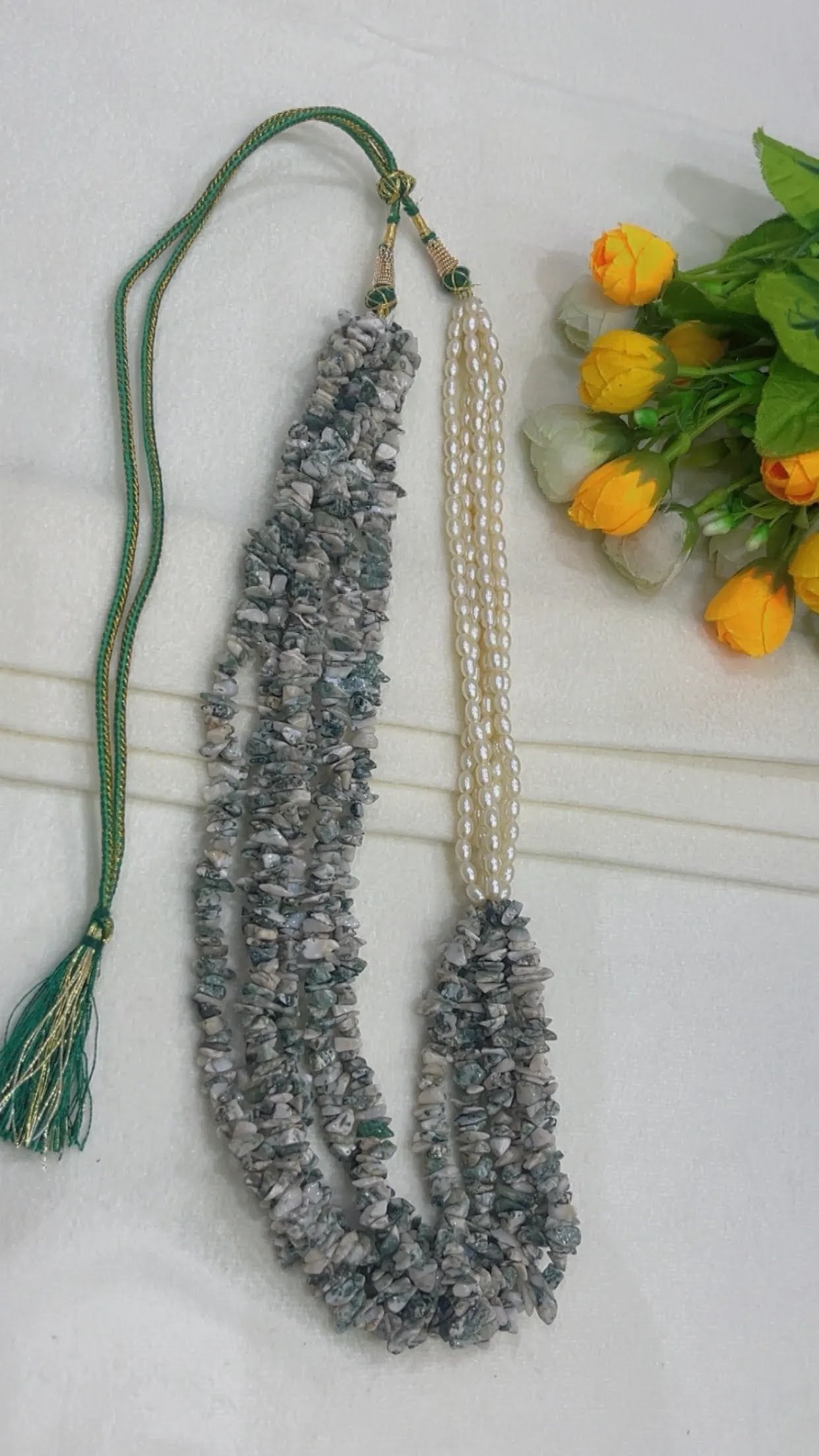 Natural Green Jasper & Pearl Gemstone Beads Necklace Jewelry