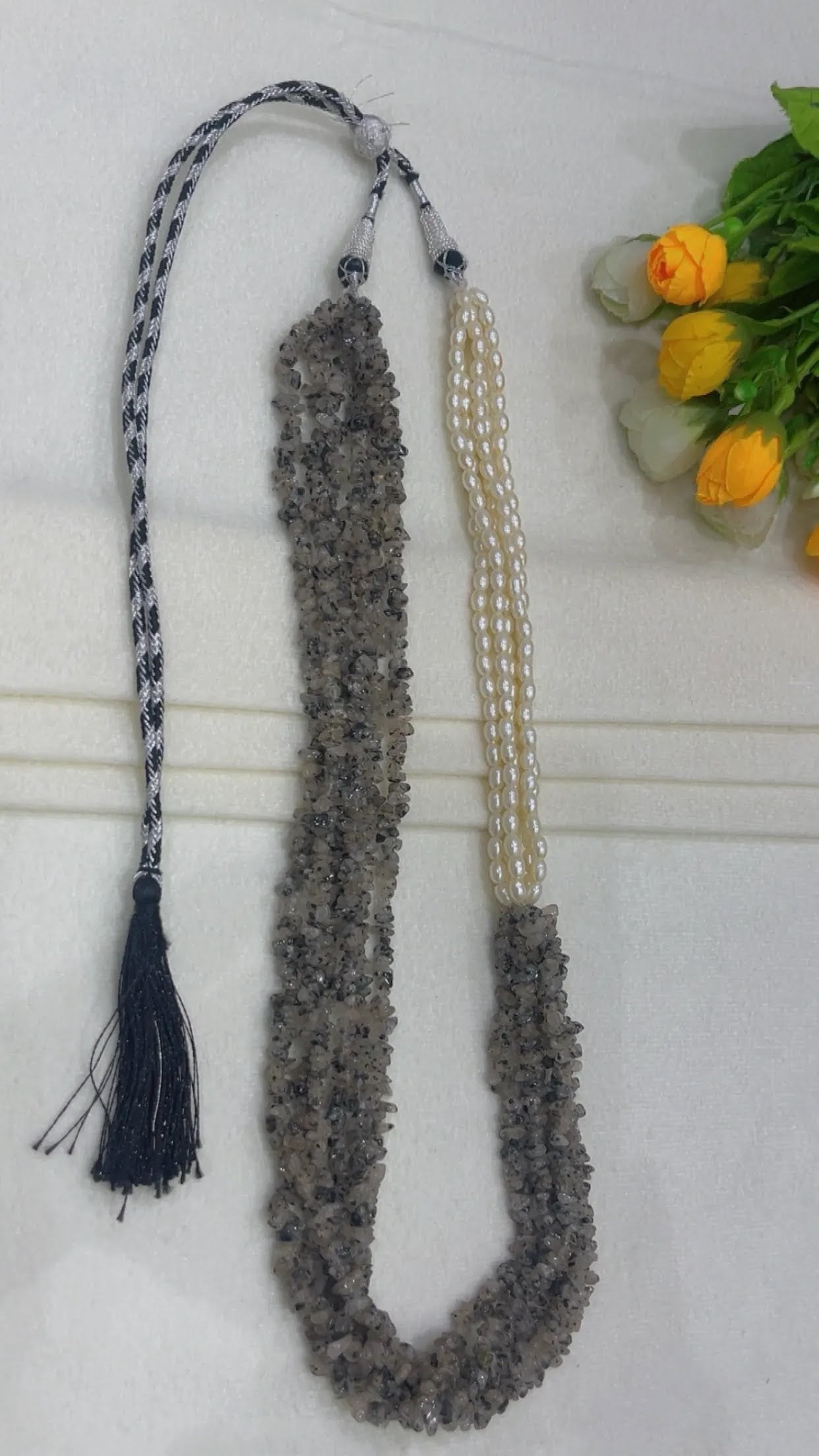 Natural Black Rutile & Pearl Gemstone Beads Necklace Jewelry