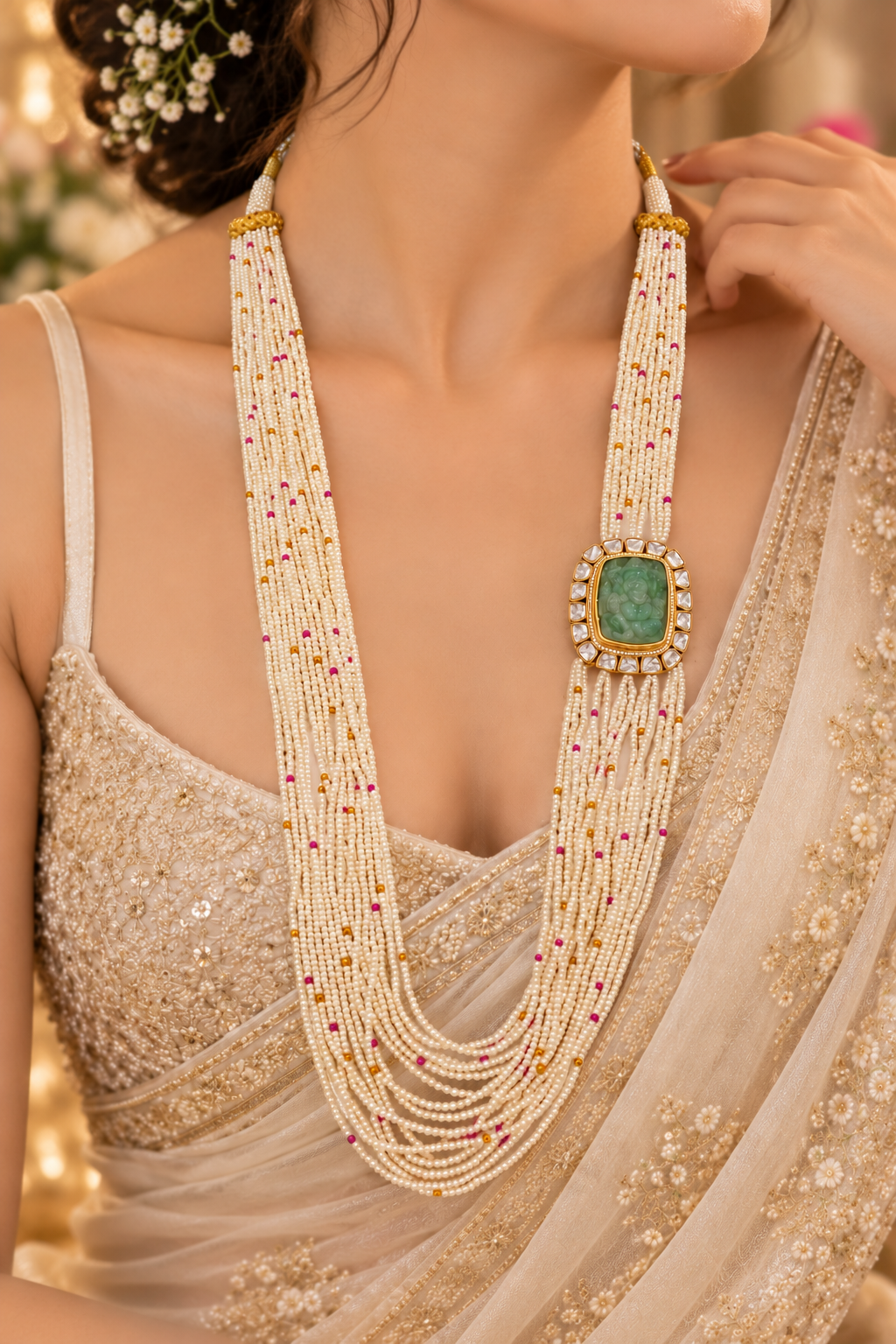 Natural Fresh Water Pearl Gemstone Beads With Natural Emerald Ganesh ji Carving Necklace Jewelry