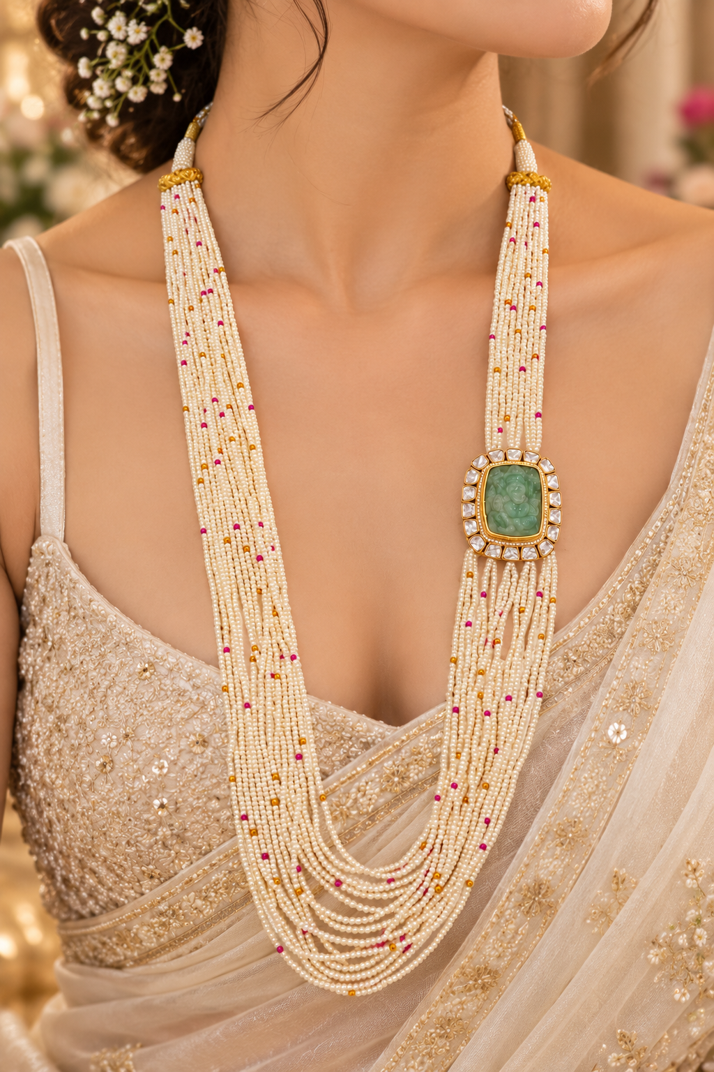 Natural Fresh Water Pearl Gemstone Beads With Natural Emerald Ganesh ji Carving Necklace Jewelry
