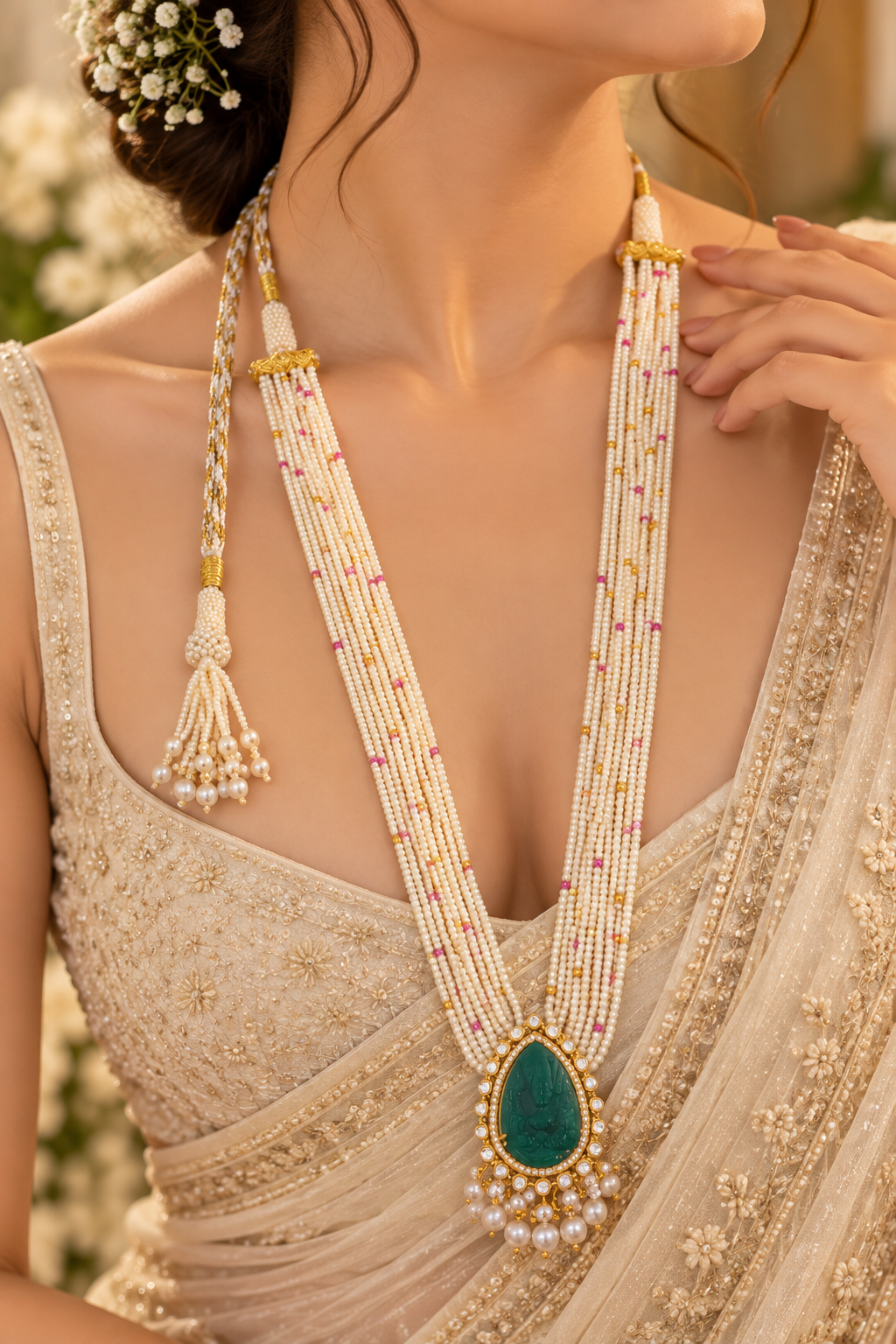 Natural Fresh Water Pearl Gemstone Beads With Natural Emerald Ganesh ji Carving Necklace Jewelry