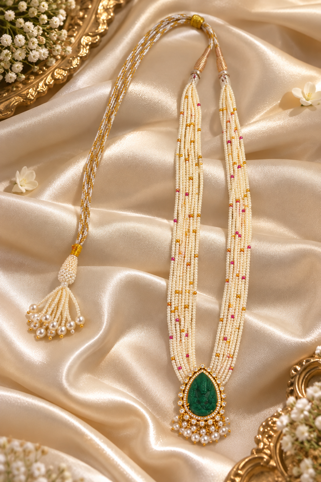 Natural Fresh Water Pearl Gemstone Beads With Natural Emerald Ganesh ji Carving Necklace Jewelry