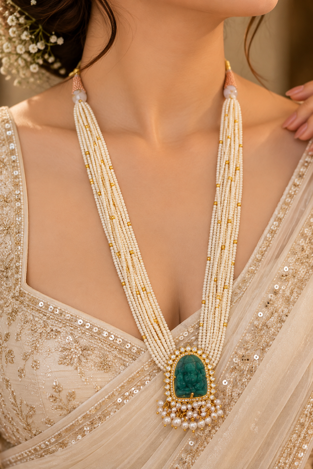 Natural Fresh Water Pearl Gemstone Beads With Natural Emerald Ganesh ji Carving Necklace Jewelry