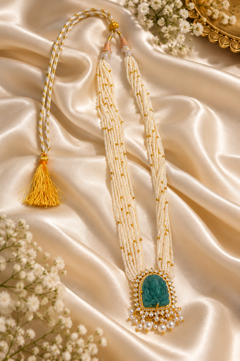 Natural Fresh Water Pearl Gemstone Beads With Natural Emerald Ganesh ji Carving Necklace Jewelry