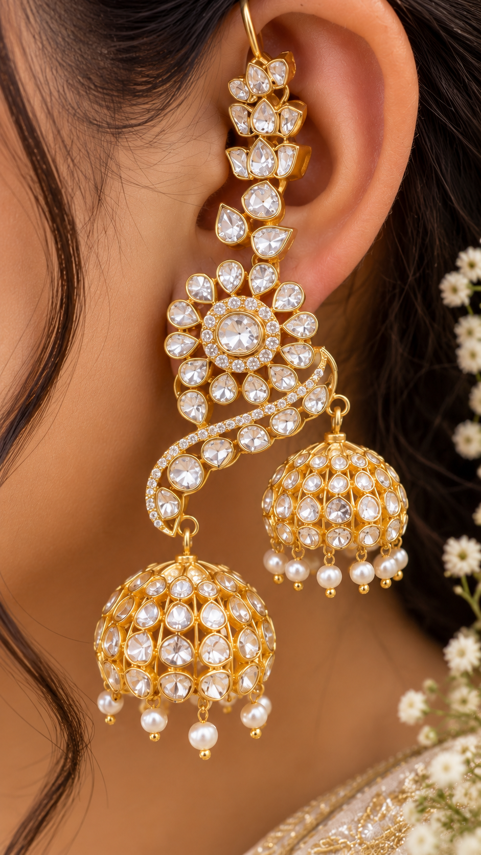 Designer 925 Silver Ear Cuff Jhumka Earrings