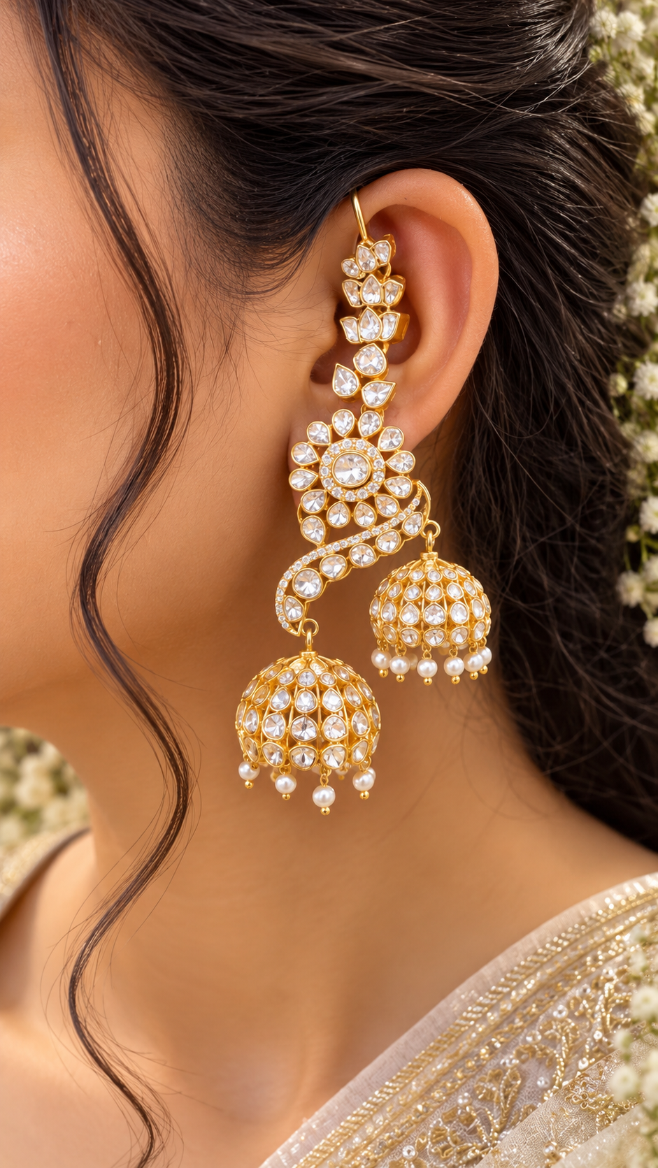 Designer 925 Silver Ear Cuff Jhumka Earrings