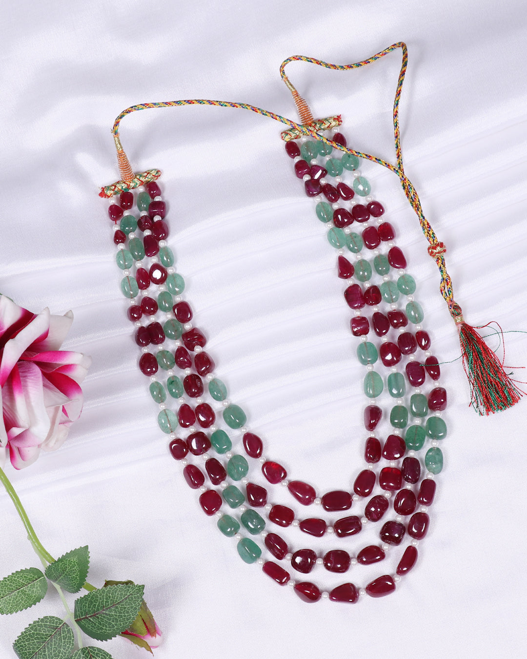 Natural Green Quartz & Red Quartz Gemstone Beads Necklace Jewelry