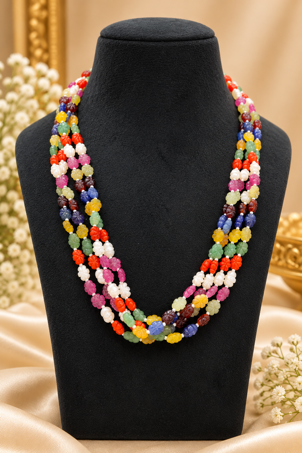 Navratan Flower Carving Gemstone Beads Necklace Jewelry