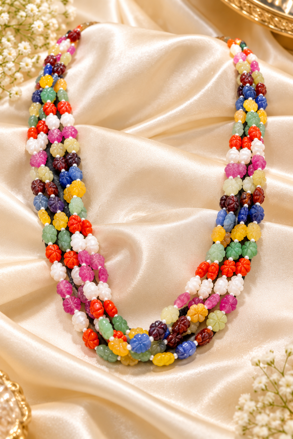 Navratan Flower Carving Gemstone Beads Necklace Jewelry