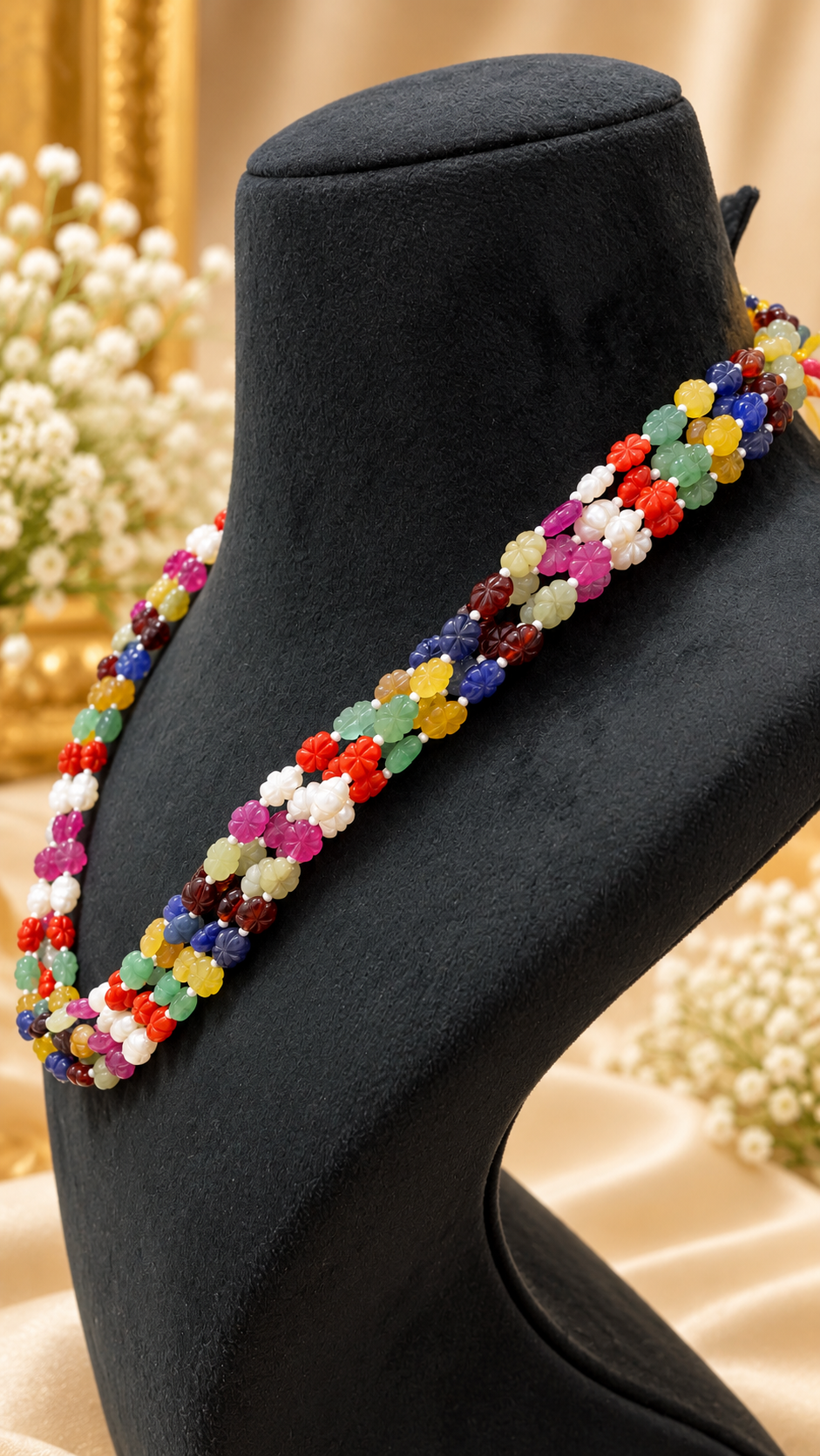 Navratan Flower Carving Gemstone Beads Necklace Jewelry