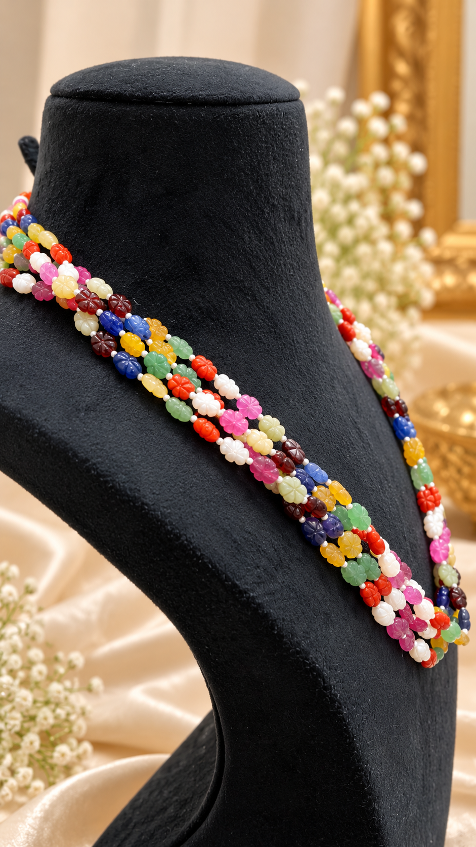 Navratan Flower Carving Gemstone Beads Necklace Jewelry