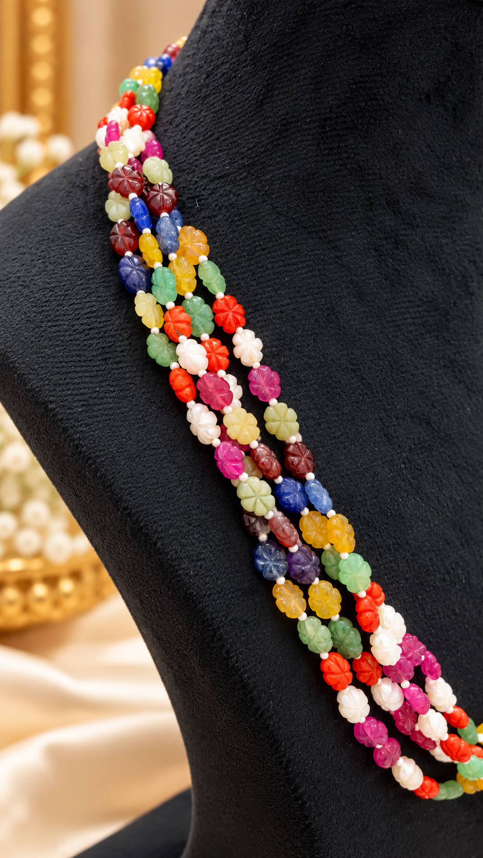 Navratan Flower Carving Gemstone Beads Necklace Jewelry
