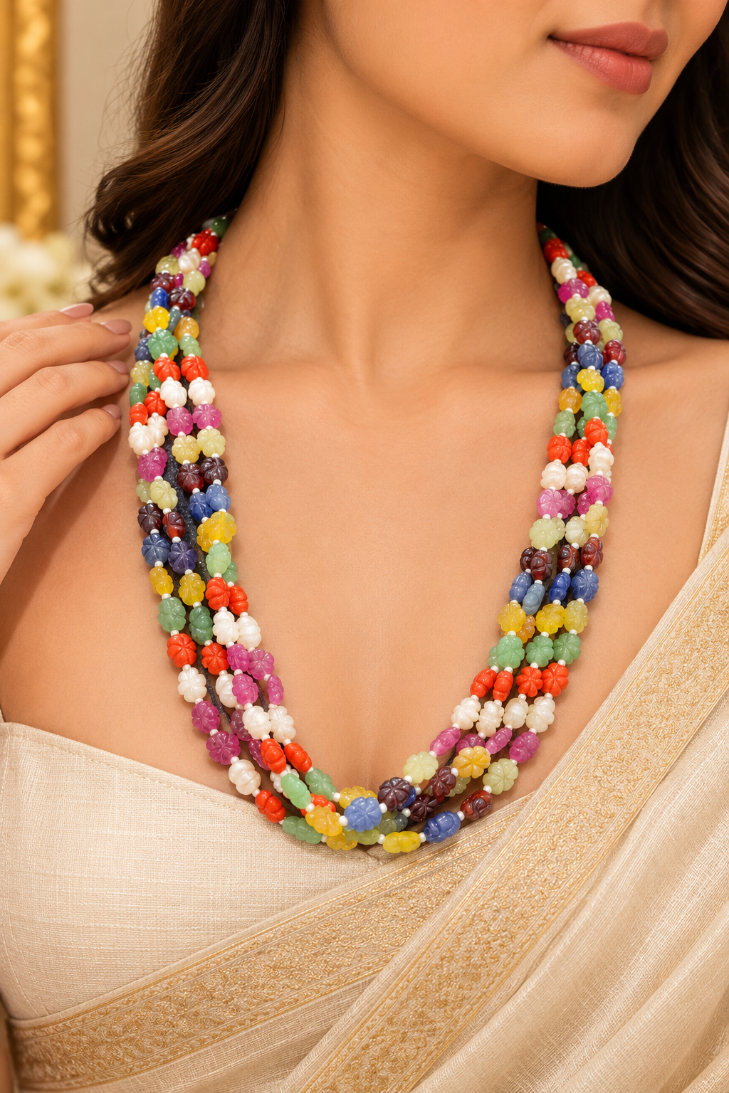 Navratan Flower Carving Gemstone Beads Necklace Jewelry