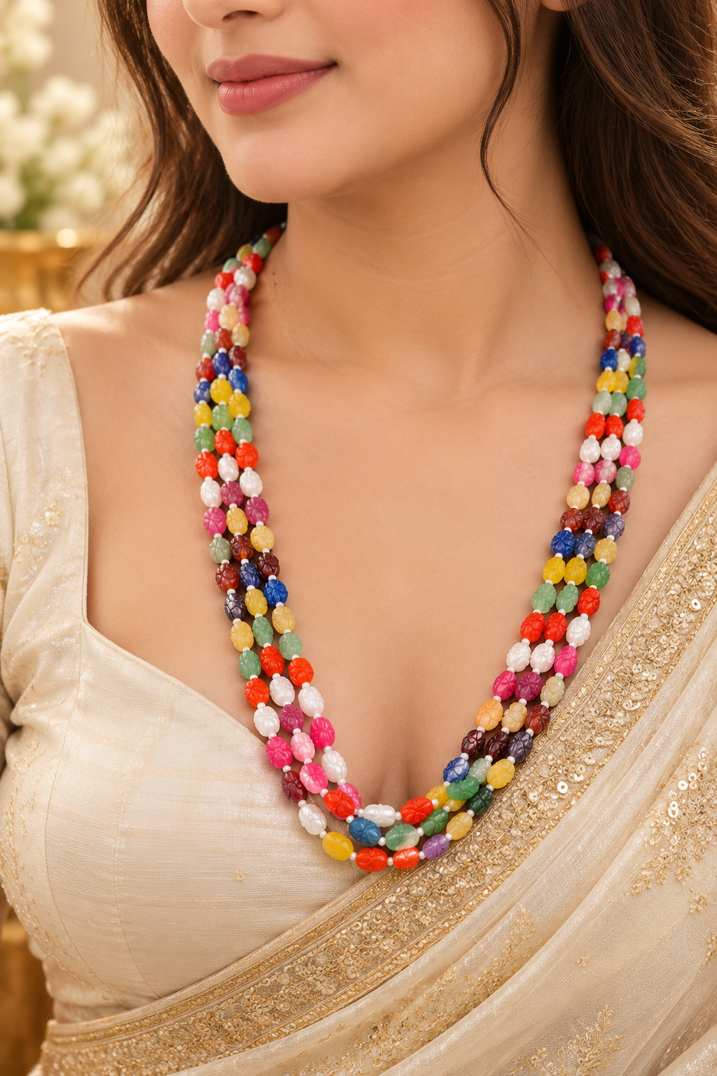 Navratan Twisted Shape Gemstone Beads Necklace Jewelry