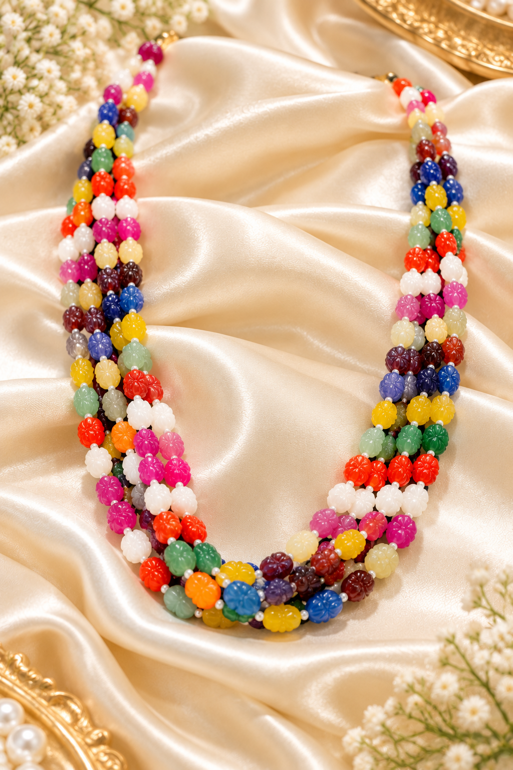 Navratan Twisted Shape Gemstone Beads Necklace Jewelry
