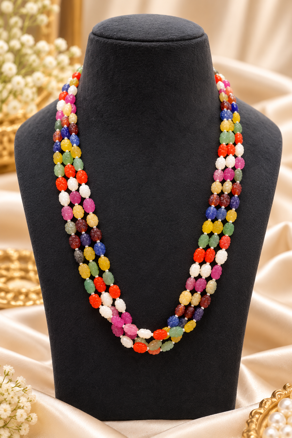 Navratan Twisted Shape Gemstone Beads Necklace Jewelry