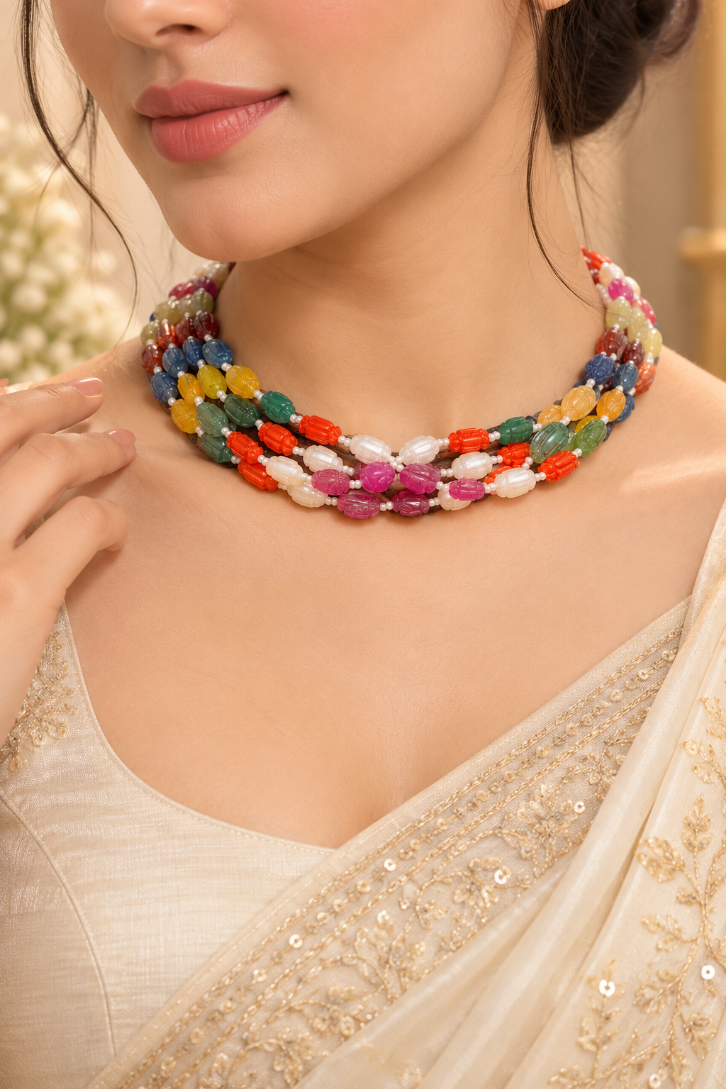 Navratan Carving Oval Gemstone Beads Necklace Jewelry
