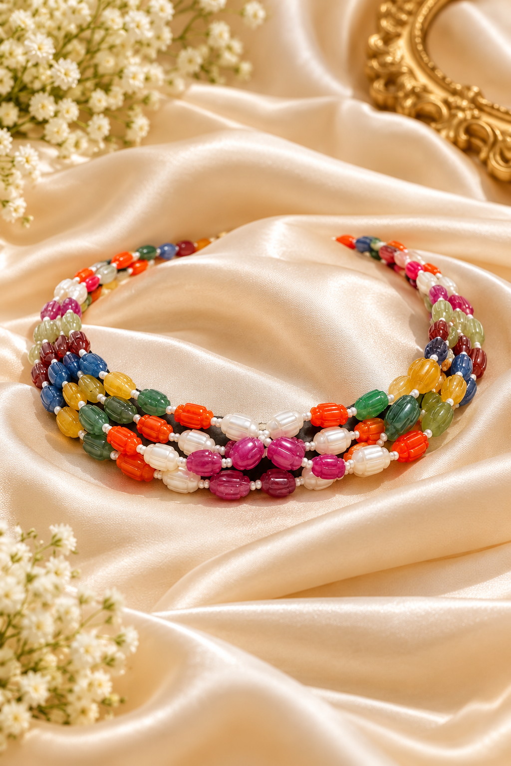 Navratan Carving Oval Gemstone Beads Necklace Jewelry