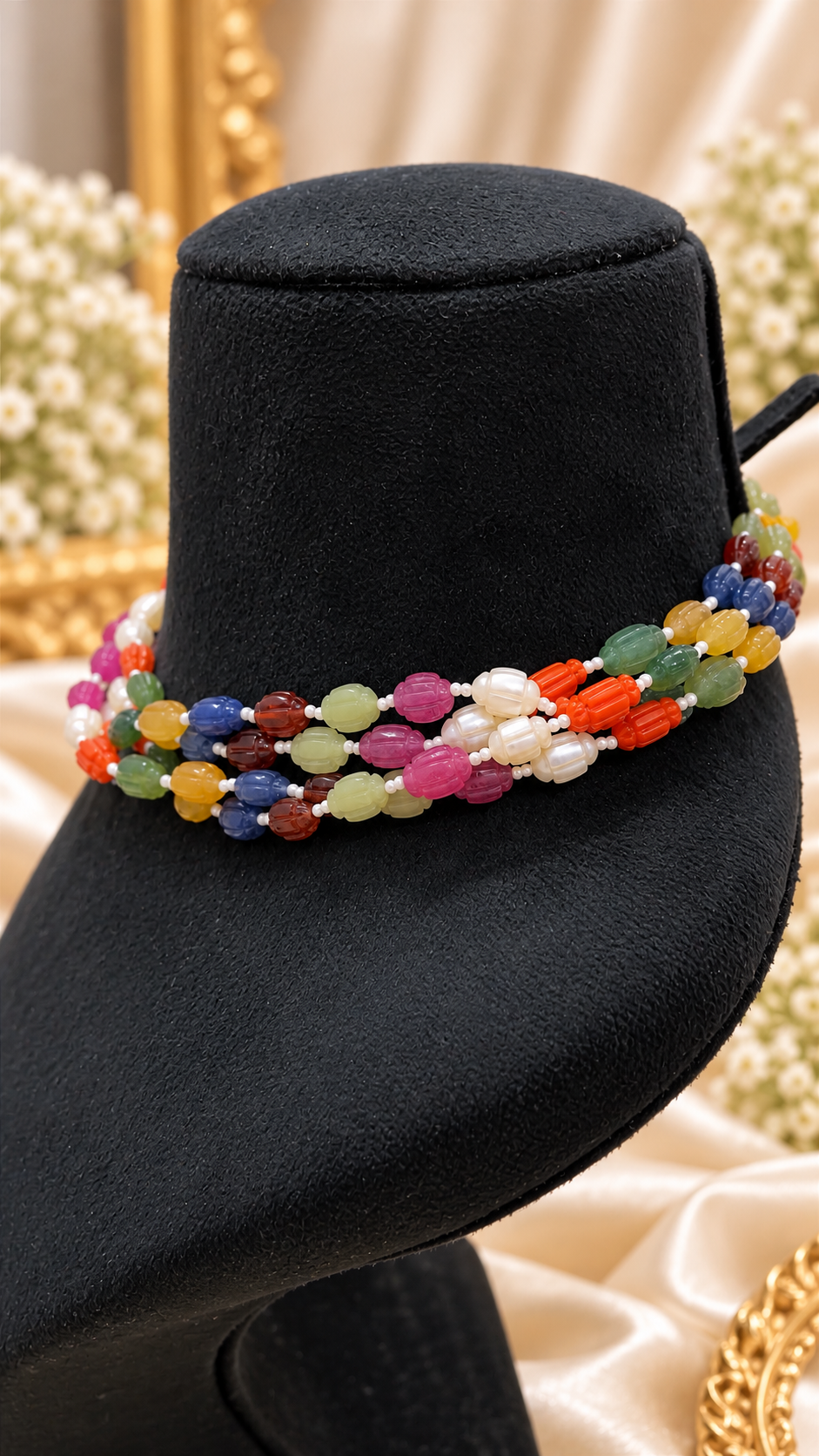Navratan Carving Oval Gemstone Beads Necklace Jewelry