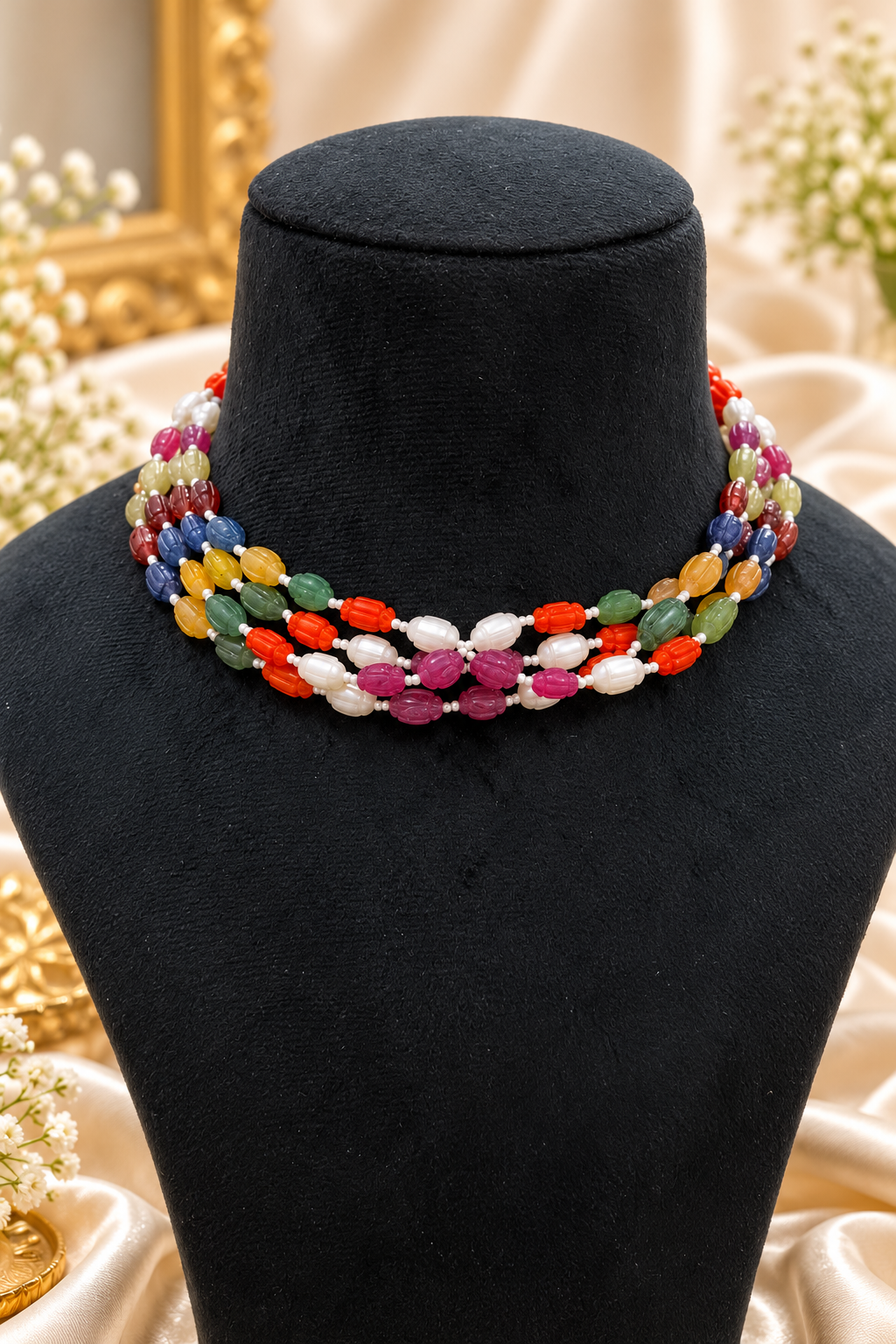 Navratan Carving Oval Gemstone Beads Necklace Jewelry