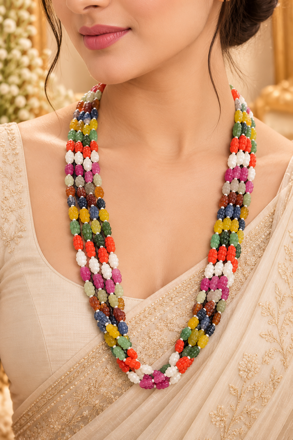 Navratan Twisted Shape Gemstone Beads Necklace Jewelry