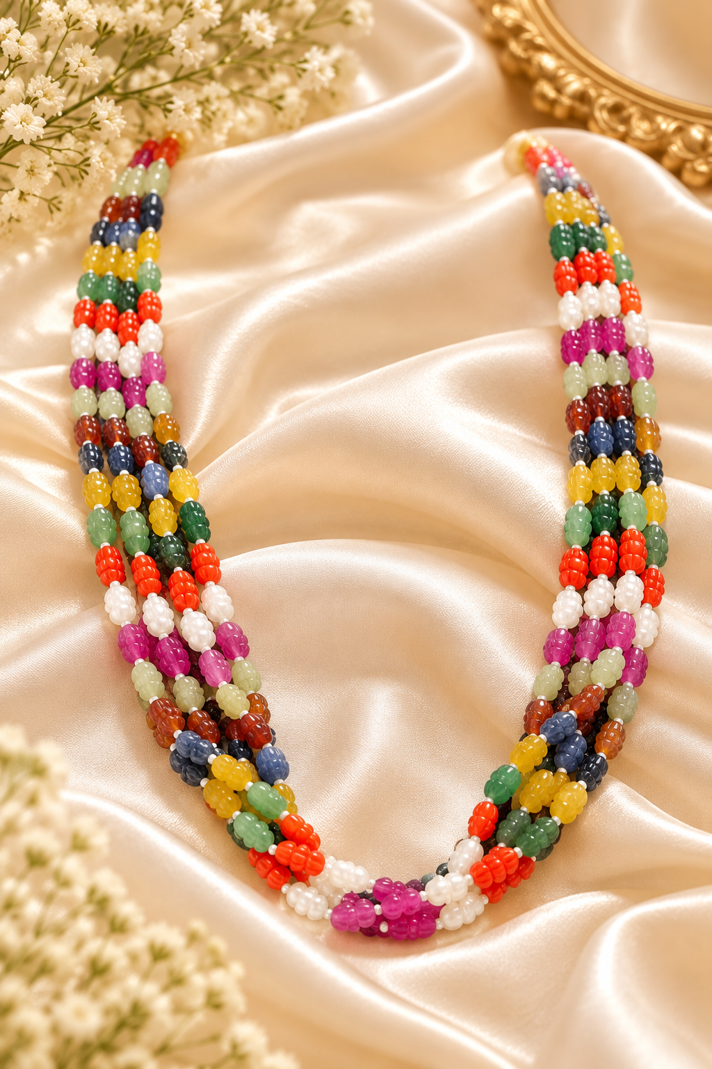 Navratan Twisted Shape Gemstone Beads Necklace Jewelry