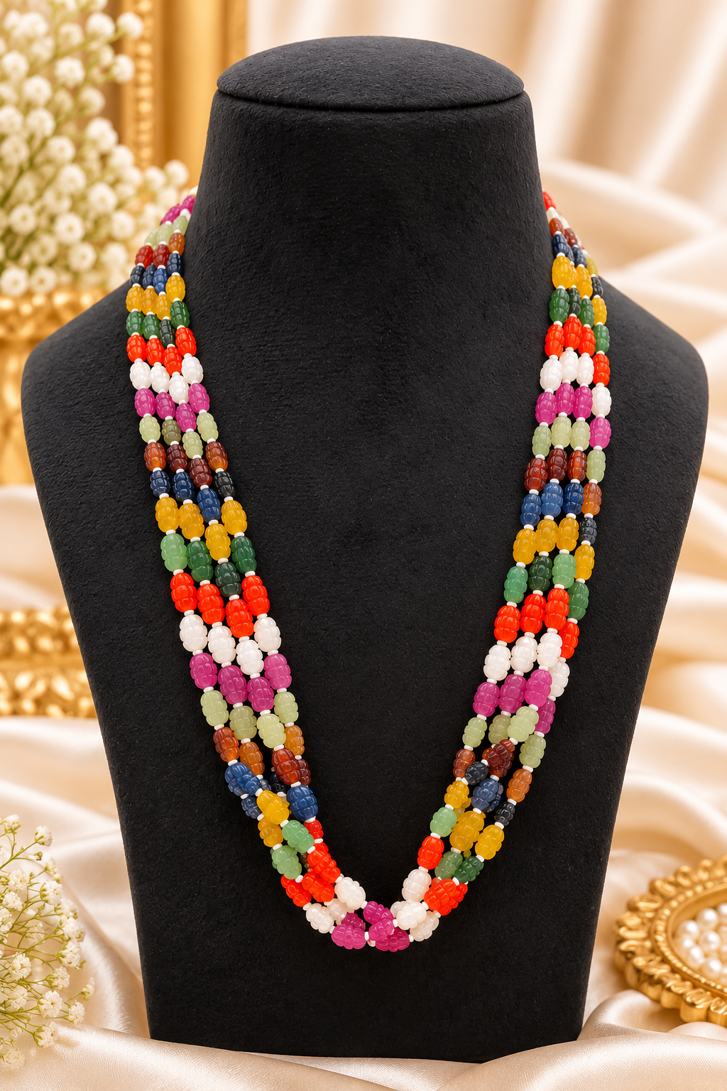 Navratan Twisted Shape Gemstone Beads Necklace Jewelry