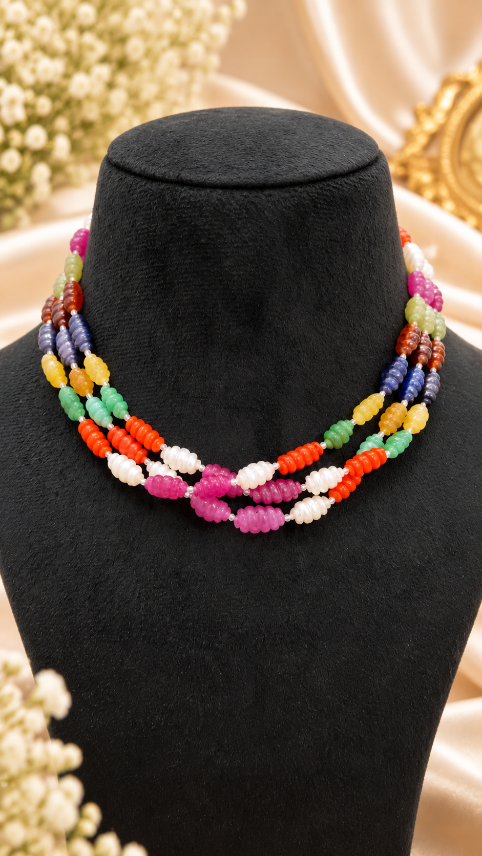 Navratan Twisted Shape Gemstone Beads Necklace Jewelry