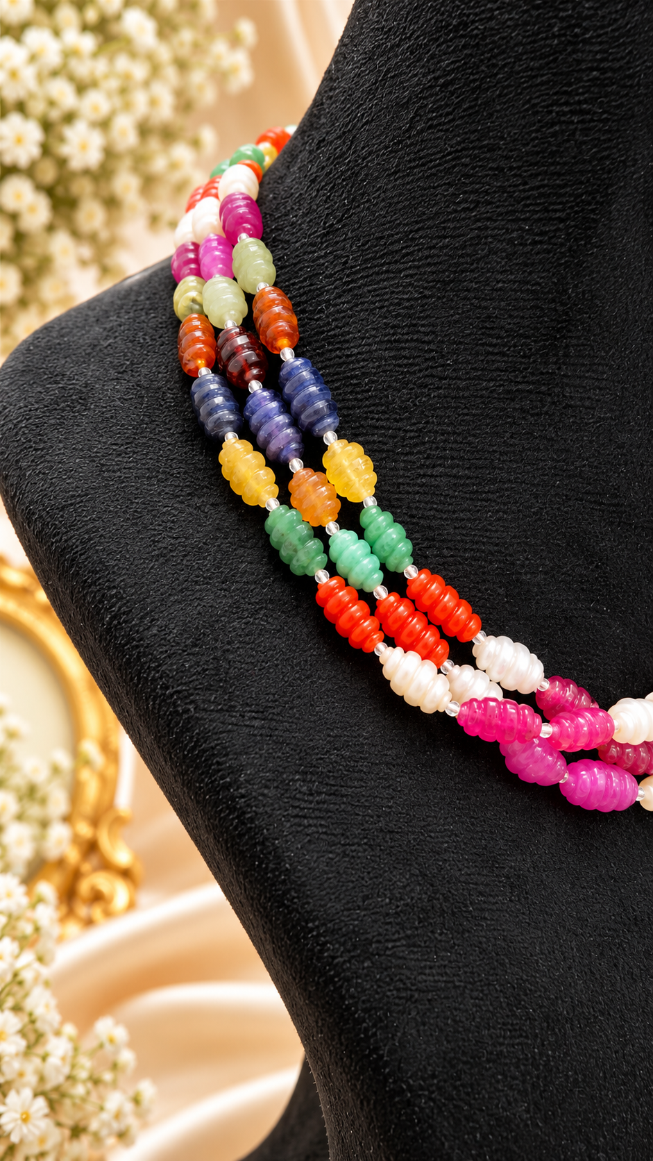Navratan Twisted Shape Gemstone Beads Necklace Jewelry