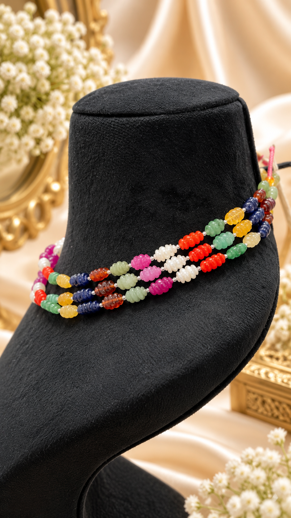 Navratan Twisted Shape Gemstone Beads Necklace Jewelry