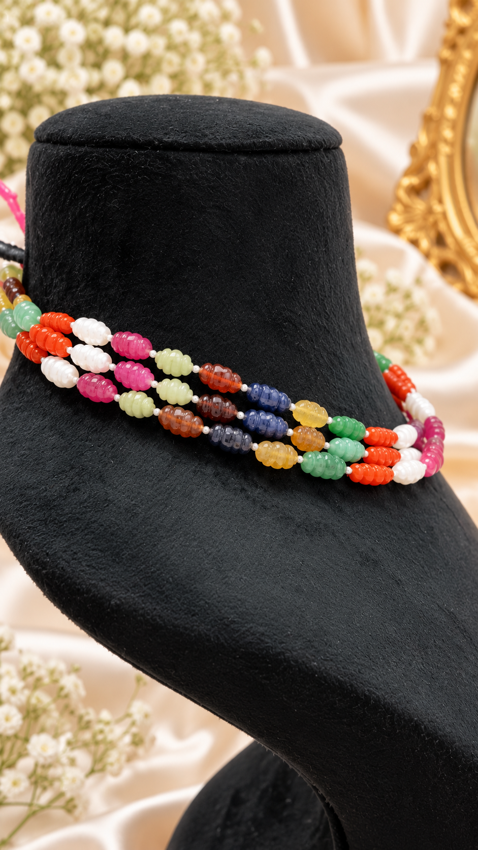 Navratan Twisted Shape Gemstone Beads Necklace Jewelry
