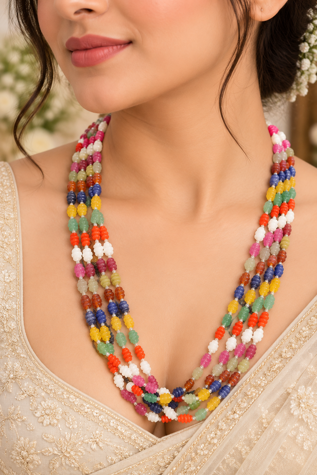 Navratan Twisted Shape Gemstone Beads Necklace Jewelry