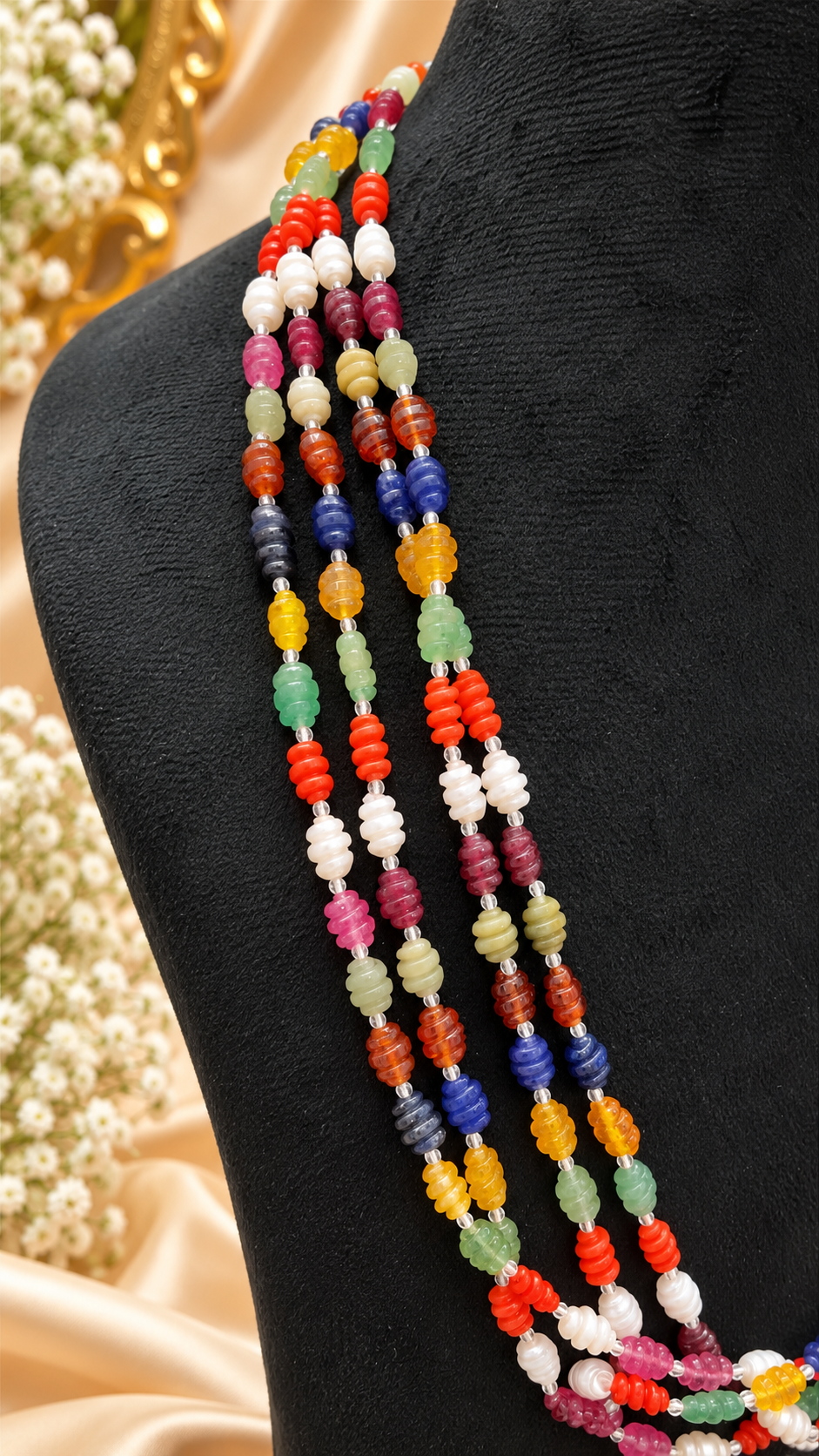 Navratan Twisted Shape Gemstone Beads Necklace Jewelry