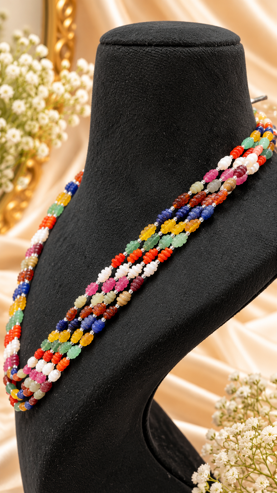Navratan Twisted Shape Gemstone Beads Necklace Jewelry