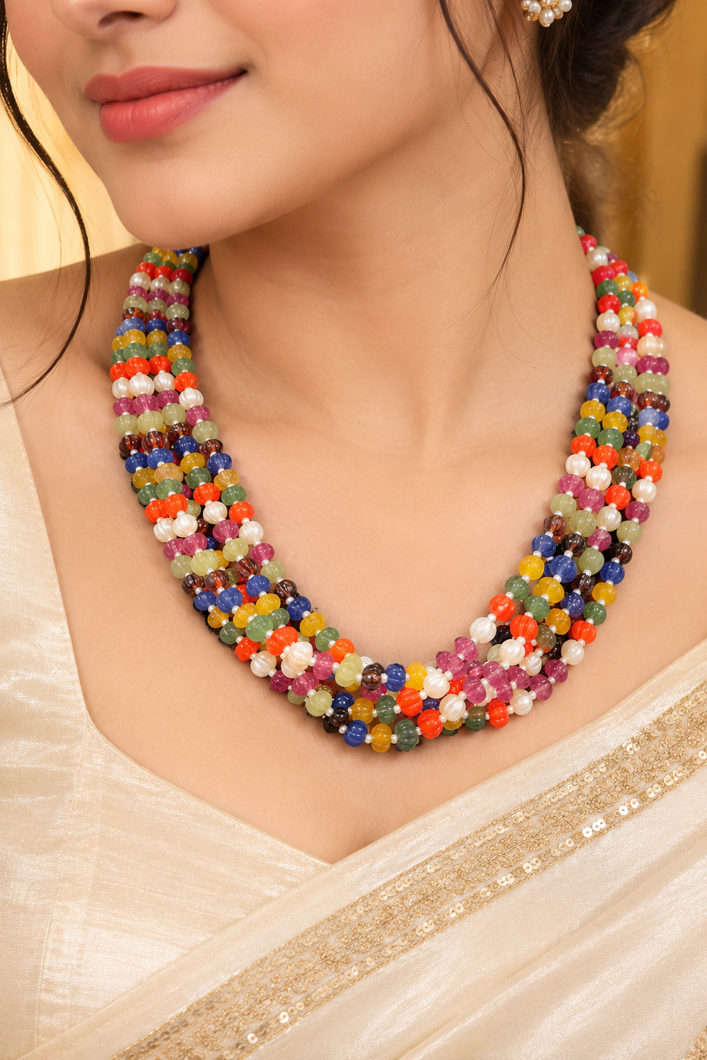 Navratan Pumpkin Gemstone Beads Necklace Jewelry