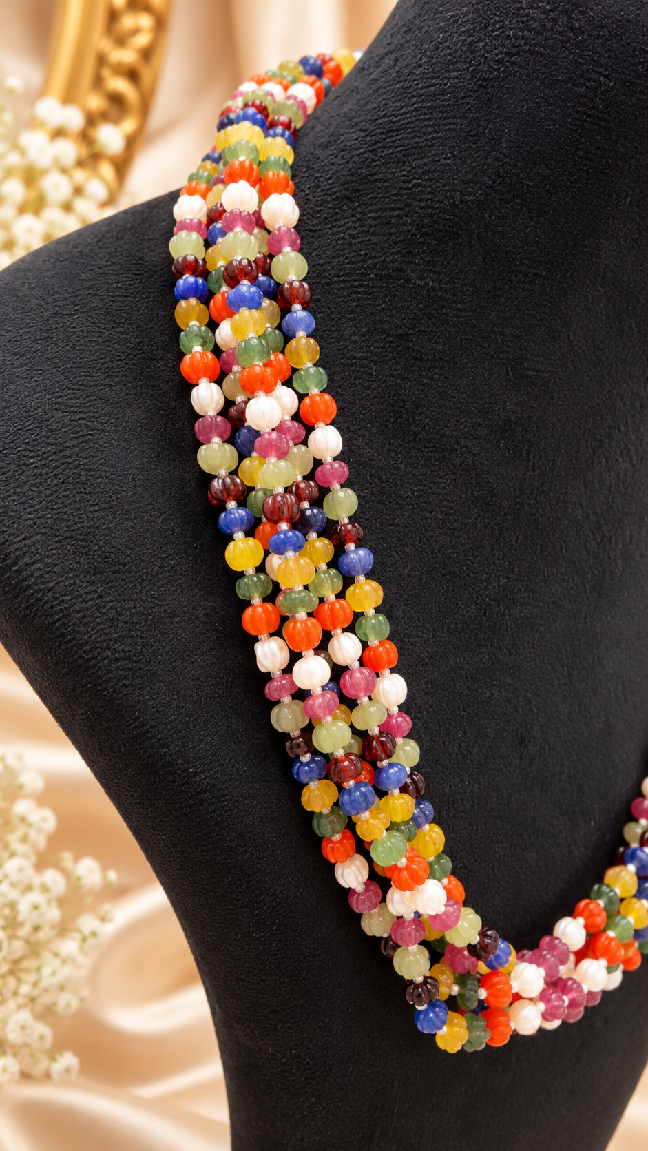 Navratan Pumpkin Gemstone Beads Necklace Jewelry