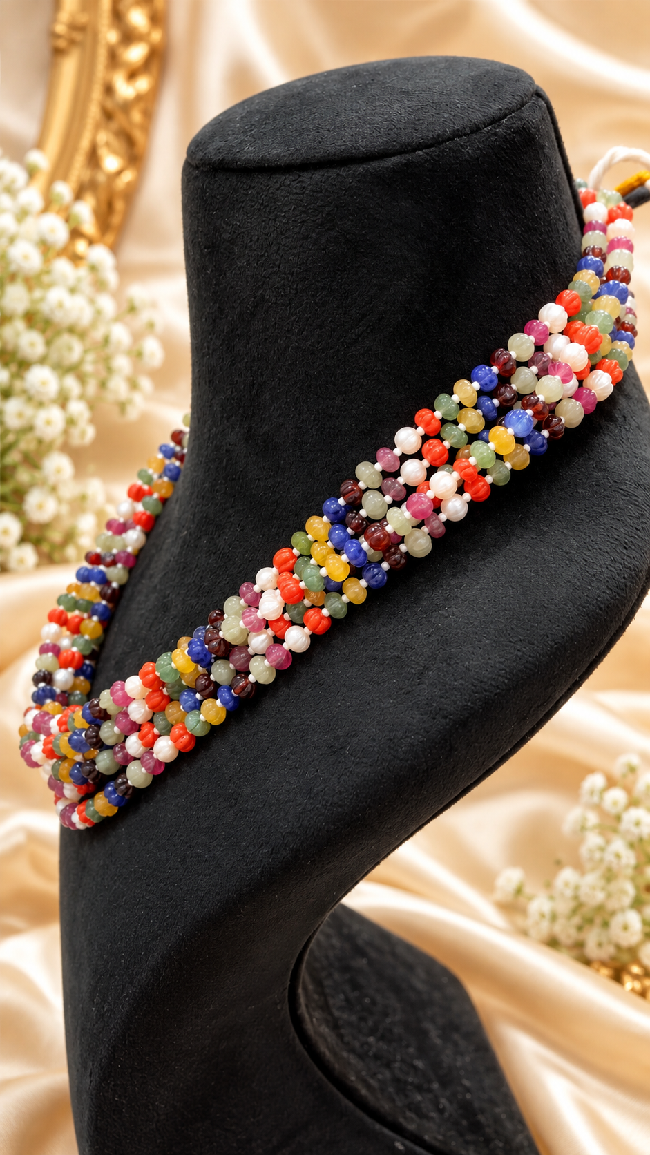 Navratan Pumpkin Gemstone Beads Necklace Jewelry