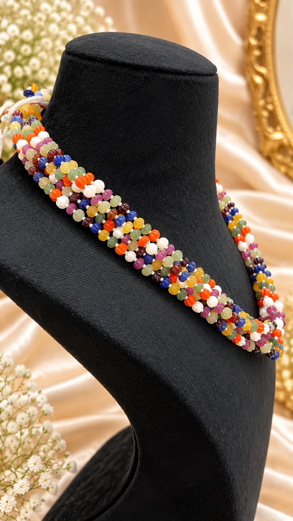 Navratan Pumpkin Gemstone Beads Necklace Jewelry