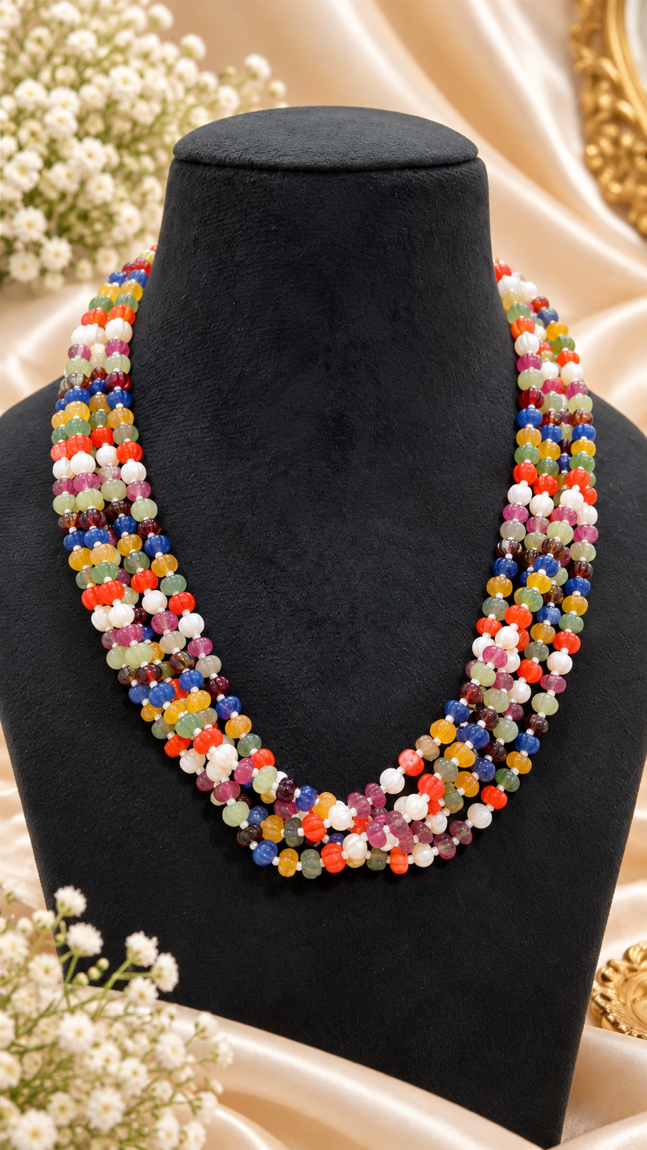 Navratan Pumpkin Gemstone Beads Necklace Jewelry