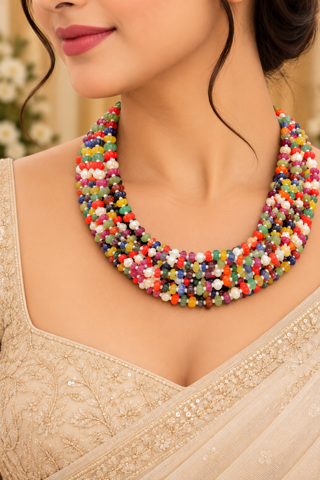Navratan Pumpkin Gemstone Beads Necklace Jewelry